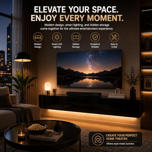 63" Floating LED TV Stands for Living Room w/ Storage, Entertainment Center | Fits TVs up to 70", Glossy Front, Hidden Storage, Wall Mounted, Cable Management, RGB LED, Easy to Clean, Modern Style - color: Black