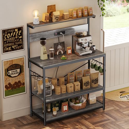 SUPERJARE Bakers Rack with Power Outlets, Microwave Stand, 39.4 X 14.3 Inch Larger Desktop, Kitchen Storage Rack with Adjustable Middle Shelf, 6 S-Shaped Hooks, Coffee Bar Stand, Grey - color: Charcoal Gray, size: 39.4inch