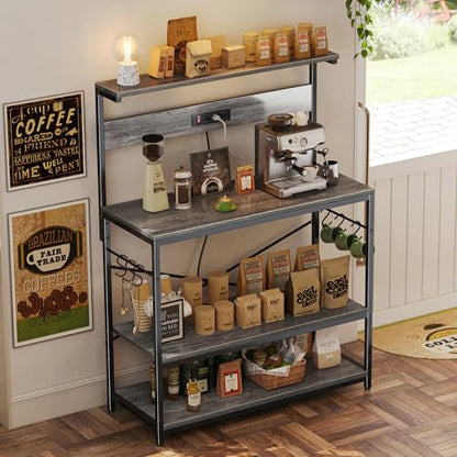 SUPERJARE Bakers Rack with Power Outlets, Microwave Stand, 39.4 X 14.3 Inch Larger Desktop, Kitchen Storage Rack with Adjustable Middle Shelf, 6 S-Shaped Hooks, Coffee Bar Stand, Grey - color: Charcoal Gray, size: 39.4inch