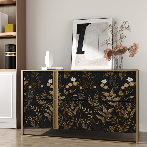 Black Floral Wallpaper Peel and Stick Wallpaper Leaf Wallpapers Gold Leaf Contact Paper for Cabinets Waterproof Self Adhesive Wall Paper for Kitchen Countertop Wall 17.5" x 393" | Waterproof Vinyl Self Adhesive Removable Renter Friendly Floral Contact Pap