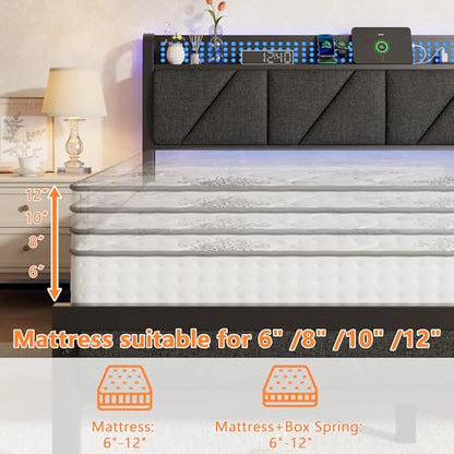 Queen Bed Frame with Storage Shelf and Upholstered Headboard | Metal Platform Bed with LED Light, Charging Station and Heavy Duty Slats, No Box Spring Needed, Noise Free & Easy Assembly - size: Queen, style: Bed Frame