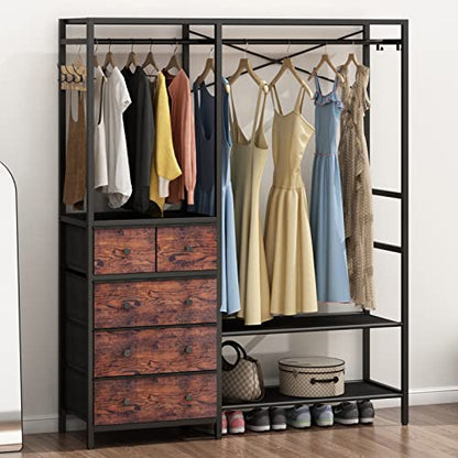 Heavy Duty Clothing Rack with 5 Drawers & 4 Storage Shelves, 2 Hanging Rods | 70.9Hx59.1W Clothing Rack, Wardrobe Closet Racks with 5 Hooks, Freestanding Garment Racks (Rustic Brown) - color: Rustic Brown