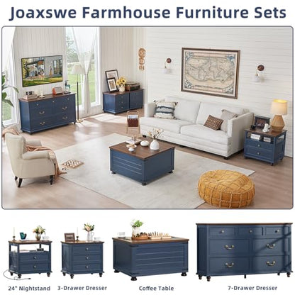 Joaxswe Farmhouse Coffee Table with Hidden Storage, 59 Gallon Square Center Table for Living Room, Rustic Wood Cocktail Tables with Flip-Top Lids, Farm House Tables with Wooden Gourd Feet, Navy Blue - color: Blue, style: With Round Legs