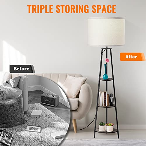RISLG Floor Lamp, 3-Tier Round Corner Shelf Floor Lamp with 3 Dimmable Levels - Simple Standing Lamp with White Fabric Shade, Tall Modern Floor Lamps with Shelves for Bedroom, Living Room and Office