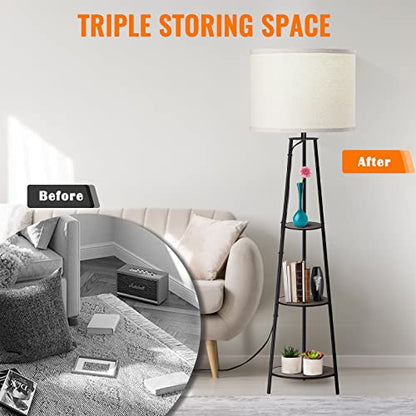 RISLG Floor Lamp, 3-Tier Round Corner Shelf Floor Lamp with 3 Dimmable Levels - Simple Standing Lamp with White Fabric Shade, Tall Modern Floor Lamps with Shelves for Bedroom, Living Room and Office