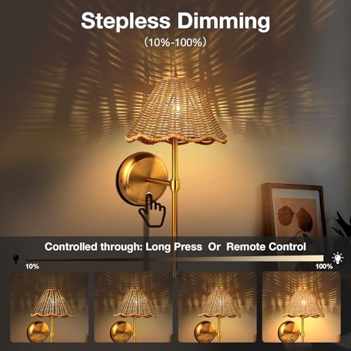 Battery Operated Boho Rattan Wall Sconce Set of 2, Stepless Dimming Magnetic Wall Lamp, 5200mAh Rechargeable Battery and Integrated LED, for Living Room Bedroom Hallway Corridor - size: Battery-Powered