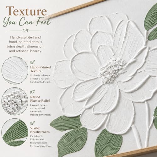 Artiluxy 3D Textured Floral Wall Art Set of 2, 16x16 Framed Botanical Decor | Raised Plaster Flower Art with Sage Green Leaves, Light Wood Grain Frames, Ready to Hang for Bedroom Living Room Bathroom - color: Floral White