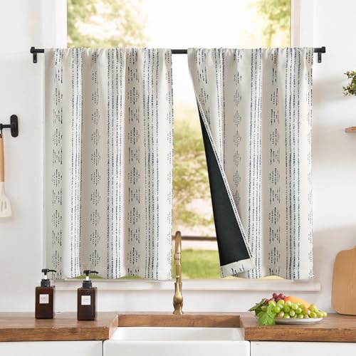 jinchan Boho Blackout Kitchen Tier Curtains, 36 Inch, Blue on Beige | Blue geometric print on warm beige, soft blackout backing, 2 panels, rod pocket, for kitchens, bedrooms, RVs and campers - color: Blackout Backing | Blue on Beige, size: 25"W x 36"L (Pa
