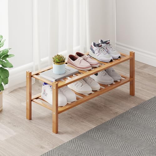 Bamboo Shoe Rack Organizer for Closet and Entryway - Space-Saving Shoe Stand with Narrow Design - Versatile Shoe Holder for Door or Closet Shelf,Garage Bedroom can Freely Stack DIY Small Shoe Racks - color: Natural Color, size: 2-Tier
