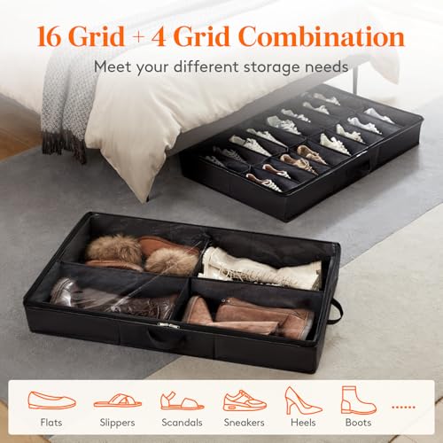 Lifewit Under Bed Shoe Storage Organizer 1 Pack(16 Shoes Cells+4 Boots Cells), 4.3 Inches Profile Fabric Shoes Container Box with Clear Cover, Foldable Storage Bag with 2 Handles, Fits 12 to 20 Pairs - style: 16 Shoes Cells+4 Boots Cells