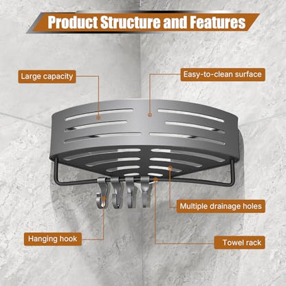 Matte Gray Corner Shower Shelf, 2-Pack Aluminum Bathroom Caddy Item Highlights No Drill Adhesive & Screw Mount, Rustproof Storage Rack with Towel Hooks for Shower, Toilet & Laundry Room