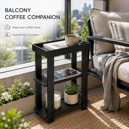 3-Tier Narrow Side Table with Tray Top, Slim Side Table, Black | Farmhouse Narrow End Table with Storage, Modern Slim Table Nightstand for Small Spaces, Bedroom or Living Room - color: Black
