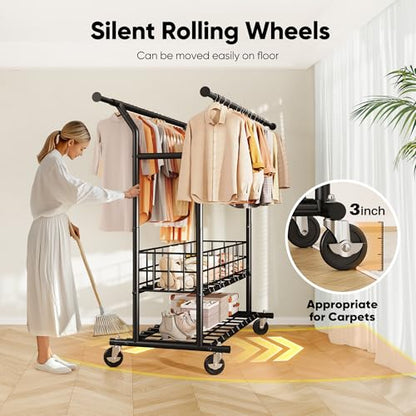 HOKEEPER Clothes Rack Load 635 LBS, Black Double Rod with Metal Basket | Heavy Duty Clothing Rack, Large Storage Space, with Wheels, Easy to Move & Assemble, 5 Years Sweet Service, 21.6"D*71"W*68"H - color: Black