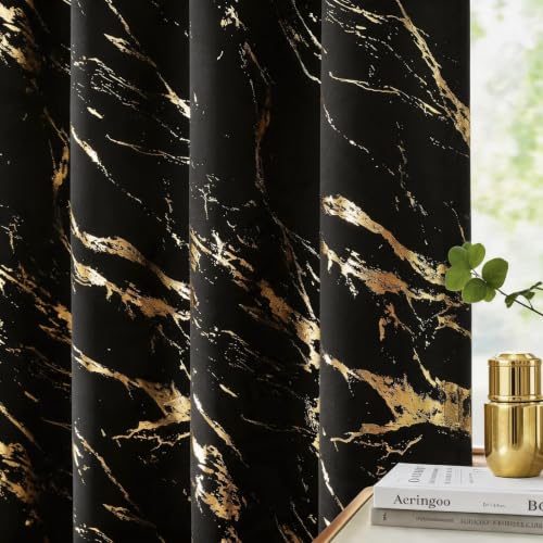 WUBODTI Gold Patterned Black 100% Blackout Curtains 96 Inches Long 2 Panels for Bedroom Living Room, Marble Printed Grommet Thermal Insulated Window Curtain Modern Abstract Drapes, 52" W x 96" L - color: Black and Gold, size: 52"W x 96"L (Pack of 2)
