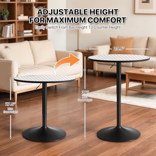 Magshion 23.5'' Round Bar Table, Adjustable Range 27.5"-36" Wood Pub Table with Black Leg and Base for Living Room Dining Room Bar Cocktail Table (Silver) - color: Silver, size: 23.5 in