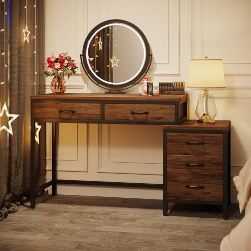 Tribesigns Vanity Desk with 5 Drawers, Makeup Vanity Table | Dressing Table with Side 3-Drawer Chest, Make Up Vanities for Women, Girls (Without Mirror) - style: Rustic Brown