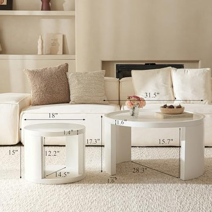 Round Nesting Coffee Table Set of 2, 31.5 and 18 in, White | White nesting coffee table, round tables for living room, space-saving center table - color: White