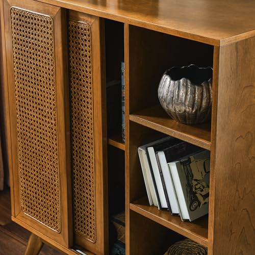 Mid Century Modern Small Rattan Sideboard Buffet Storage Cabinet | Real Wood Veneer Mid Century Storage Cabinet with Rattan Sliding Doors,Boho Bar Cabinet,Small Sideboard Buffet,Light Walnut - color: Light Walnut