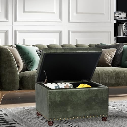 Storage Ottoman Rectangular Tufted Upholstered Ottomans with Rivet, Footrest Footstool Seat with Wood Legs for Living Room Bedroom (Black Green) - color: Black Green