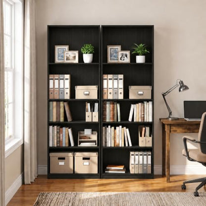 Furinno Jaya Book Shelf Set of 2, 5-Tier Bookshelf, Bookcase, with Adjustable Shelf, 9.5 x 24.5 x 71, for Home Office, Living Room, Espresso - color: Espresso, size: Set of 2, 5-Tier