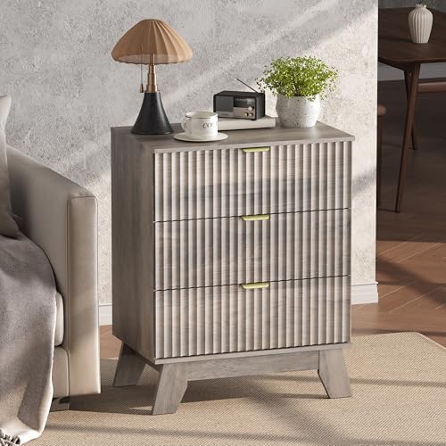 Night Stand Set 2, Bedside Table & End Table, Mid Century Modern Fluted Wood Nightstand with 3 Drawers & Metal Handles, Farmhouse Nightstand for Bedroom, Grey - color: Grey, style: 3 Drawers-2 PCS