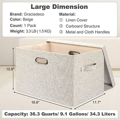 Graciadeco Large 17 36 Quart Collapsible Stackable Storage Bins with Lids, 1 Pack Beige Foldable Fabric Closet Storage Boxes with Lids, 4 Handles Toy Heavyduty Dark Gray Linen Storage Cube Box | 36 Quart 1 Pack Beige Collapsible Stackable Linen Fabric 4 H