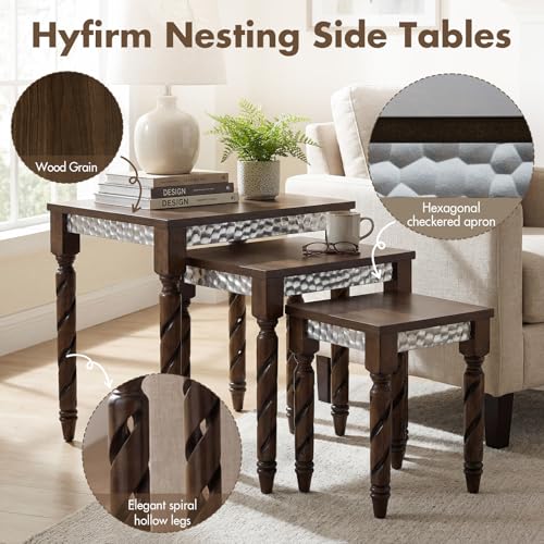 Hyfirm Nesting Tables Set of 3, Walnut Mid Century Modern Accent Tables with Spiral Rubber Wood Legs & Silver Honeycomb Apron, Retro Stackable Side Tables for Living Room, Bedroom & Small Apartments - color: Walnut Top+silver Apron