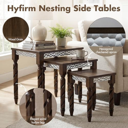 Hyfirm Nesting Tables Set of 3, Walnut Mid Century Modern Accent Tables with Spiral Rubber Wood Legs & Silver Honeycomb Apron, Retro Stackable Side Tables for Living Room, Bedroom & Small Apartments - color: Walnut Top+silver Apron