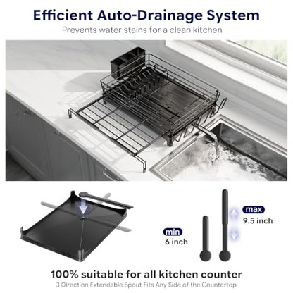 Simple Trending Dish Drying Rack - Expandable Dish Rack for Kitchen Counter, Large Capacity Dish Drainer, Stainless Steel Dish Strainer with Utensil & Cup Holders, Black - size: 21.71"D x 17"W x 6"H