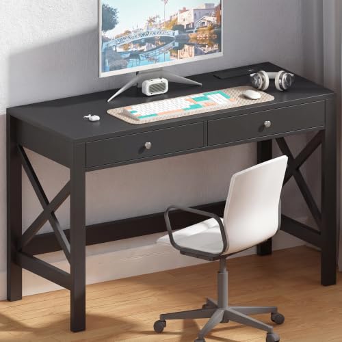 ChooChoo 40 Inches Farmhouse Computer Desk with 2 Drawers & Power Outlets | Wooden Writing Desk, Study Desk for Home Office, Makeup Vanity, Black - color: Black, size: 40inch with Power Outlet