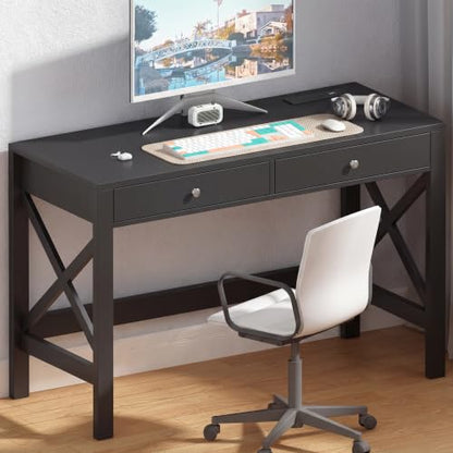 ChooChoo 40 Inches Farmhouse Computer Desk with 2 Drawers & Power Outlets | Wooden Writing Desk, Study Desk for Home Office, Makeup Vanity, Black - color: Black, size: 40inch with Power Outlet