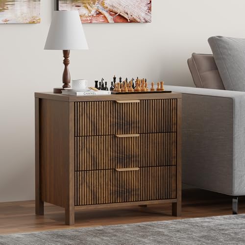 Fluted Nightstand, 23.7'' Wide Night Stand with 3 Drawers, Mid-Century Modern Bedside Table with Handles, Wood End Table for Bedroom, Walnut - color: Walnut