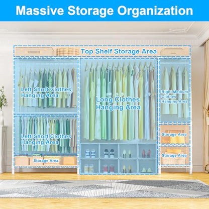 E10 Clothes Rack（With Stretchable Hanger Rod）Freestanding Clothing Racks for Hanging Clothes，Adjustable Closet Organizer System，Portable Garment Rack 73-97"W x 15" D x 72" H，Max Load 800LBS，White - color: White