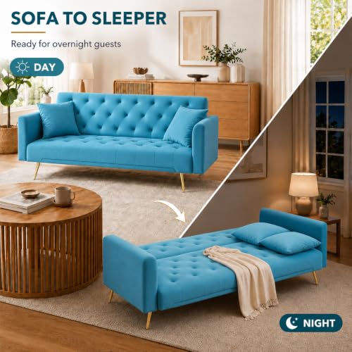 Anwick 72''Modern Velvet Sofa Bed Futon,Convertible Folding Sleeper Couches with 3 Adjustable Backrests,Tufted Recliner Loveseat with Golden Chrome Legs for Living Room Apartment Office (Pale Blue) - color: Pale Blue