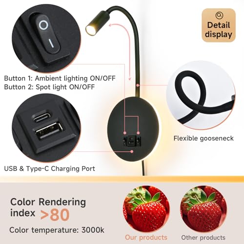 Wall Mounted Reading Light with USB & USB-C Charging Port, Plug-in LED Headboard Reading Light, with Ambient Lighting, Bedside Spot Wall Lamps with Flexible Gooseneck, Black Finished - color: Not Dimmable/Warm White/USB&USB-C