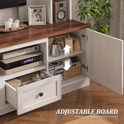 EnHomee Farmhouse Entertainment Center for 60" TV with LED & Power Outlets | Tall TV Console Wood TV Stand with Storage Shelves,Bookshelf for Living Room, Bedroom, White - color: White