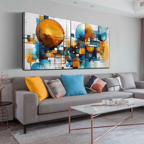 ENTANUB Abstract Wall Art for Living Room, Circle Canvas Wall Decor for Bedroom, Orange and Blue Print Paintings Artwork, Size 29x59 Inches - size: 59"L x 29"W