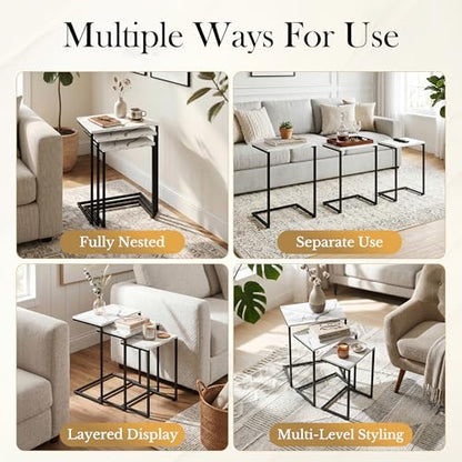 ZenStyle Nesting Coffee Table Set of 5 Side Tables, Industrial C-Shaped End Tables with Wood Table Top & Sturdy Metal Frame Stacking Accent Furniture - color: White