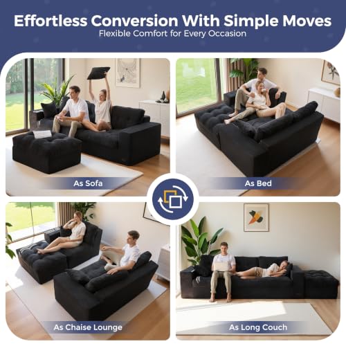 MAXYOYO Boneless Couch, 96-Inch L-Shaped Cloud Couch with Ottoman | Black Layered Cushioning and Flexible Modules Create an Upholstered Sofa in a Box with No Assembly for Spacious Living Rooms. - color: Black, size: 96" L Shape