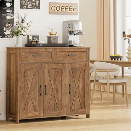 Homhedy Coffee Bar Storage Cabinet with Drawers, Kitchen Buffet Cabinet | Sideboard Cabinet with Doors, Farmhouse Buffet Cabinet, Adjustable Shelves, for Kitchen / Dining / Living Room, Rustic Walnut - color: Rustic Walnut