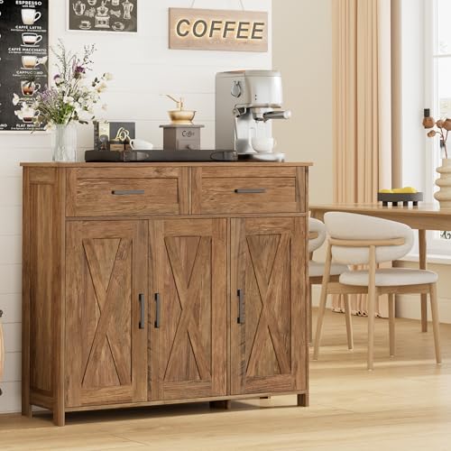 Homhedy Coffee Bar Storage Cabinet with Drawers, Kitchen Buffet Cabinet | Sideboard Cabinet with Doors, Farmhouse Buffet Cabinet, Adjustable Shelves, for Kitchen / Dining / Living Room, Rustic Walnut - color: Rustic Walnut