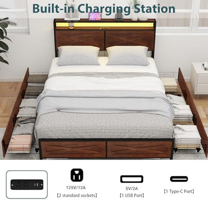 Zevemomo Full LED Bed Frame with 6 Storage Drawers, Farmhouse Headboard w/Charging Ports Station, Full-Size Platform Bed Frame No Box Spring Needed, Metal Structure & Wood Boards, Rustic Bed Frames