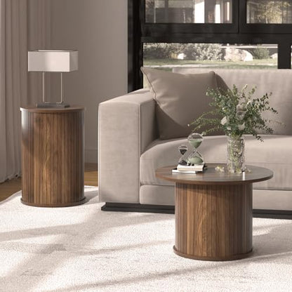 Set of 2 Round Nesting Coffee Tables for Living Room, Fluted Circle Walnut Wood Coffee and End Table Sets for Apartment, Small Spaces, Bedroom, Modern Style, Easy Assembly & Maintenance