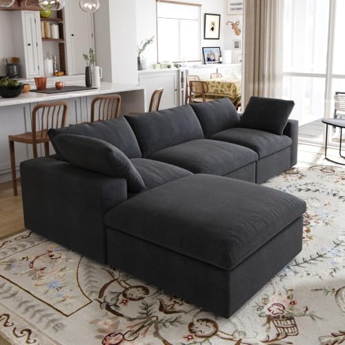 118" Cloud Modular Sofa, Convertible Modular L-Shaped Couch with Storage Ottoman, Cotton Linen Fabric Sofa for Living Room, Apartment and Bedroom, Removable Covers, 2 Pillows, Black - color: Black, size: L-Shape