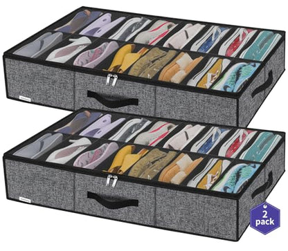 Onlyeasy Sturdy Under Bed Shoe Storage Organizer with Handles and Clear Window Fit 16 to 32 Pairs, Premium Foldable Shoes Container Box for Closet, 37.7x 23.6x 5.9 inch, Cotton-like Black, MXBUBS16P2 - color: 2 Shoes (16+16 Cells) Cotton-like Black