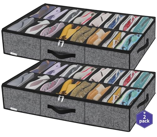 Onlyeasy Sturdy Under Bed Shoe Storage Organizer with Handles and Clear Window Fit 16 to 32 Pairs, Premium Foldable Shoes Container Box for Closet, 37.7x 23.6x 5.9 inch, Cotton-like Black, MXBUBS16P2 - color: 2 Shoes (16+16 Cells) Cotton-like Black