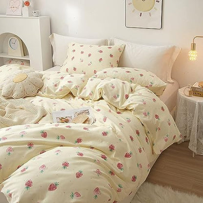 LifeTB Cute Strawberry Duvet Cover Twin Kids Girls Strawberry Bedding Set Kawaii Kids Duvet Cover Soft 100% Cotton Fruit Bedding Cover Boy Teen Cute Comforter Cover with 2 Pillowcases, Cream White - color: A7# Small Strawberry, size: Twin(68"x86")