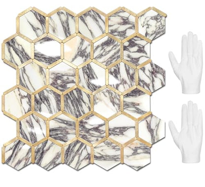 STICKGOO Hexagon Peel and Stick Backsplash Tile, Stick on Backsplash for Kitchen and Bathroom, Glossy Calacatta Viola Marble PVC Mixed Metal Gold Self Adhesive Wall Tiles(10 Sheets, Seamless) - color: Calacatta Viola Marble with Metal Gold