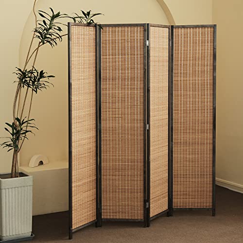 4 Panel Bamboo Room Divider - 5.6 ft Tall Folding Privacy Screen for Room Separation, Natural Brown Freestanding Partition Wall for Home Office (67" H x 61.4" W) - color: Brown, size: 4 Panel