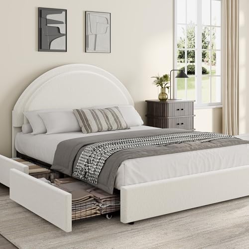 Garvee Full Size Bed Frame with Storage Drawers, Upholstered Boucle Platform Bed with Round Headboard, Heavy Duty & Noise Free, No Box Spring Needed, White | Round Headboard, Heavy Duty & Noise Free, No Box Spring Needed - color: White, size: Full